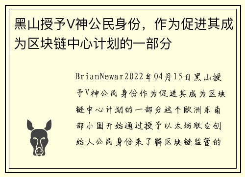 黑山授予V神公民身份，作为促进其成为区块链中心计划的一部分 